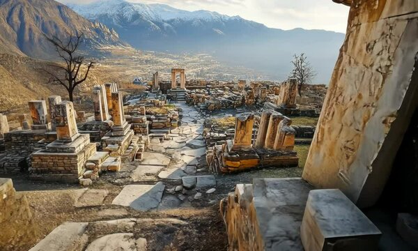 Ruins of ancient settlement, camera fly over old city, 4K