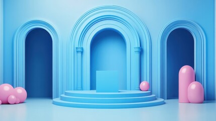 Abstract Blue Room with Pink Spheres and a Platform