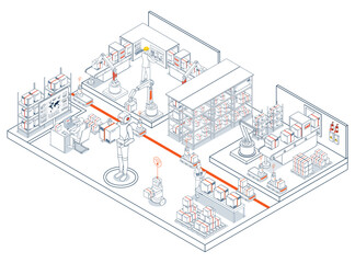 Smart Logistics automation systems featuring autonomous robots and AGVs optimize material handling through sensor-equipped navigation and intelligent item processing. Vector illustration EPS 10