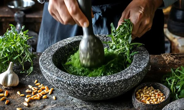 Fresh Ingredients for Homemade Pesto in Stone Mortar Bowl
