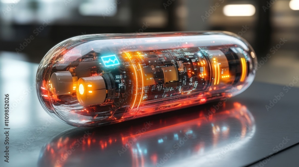 Poster futuristic transparent capsule device with neon glow and circuitry