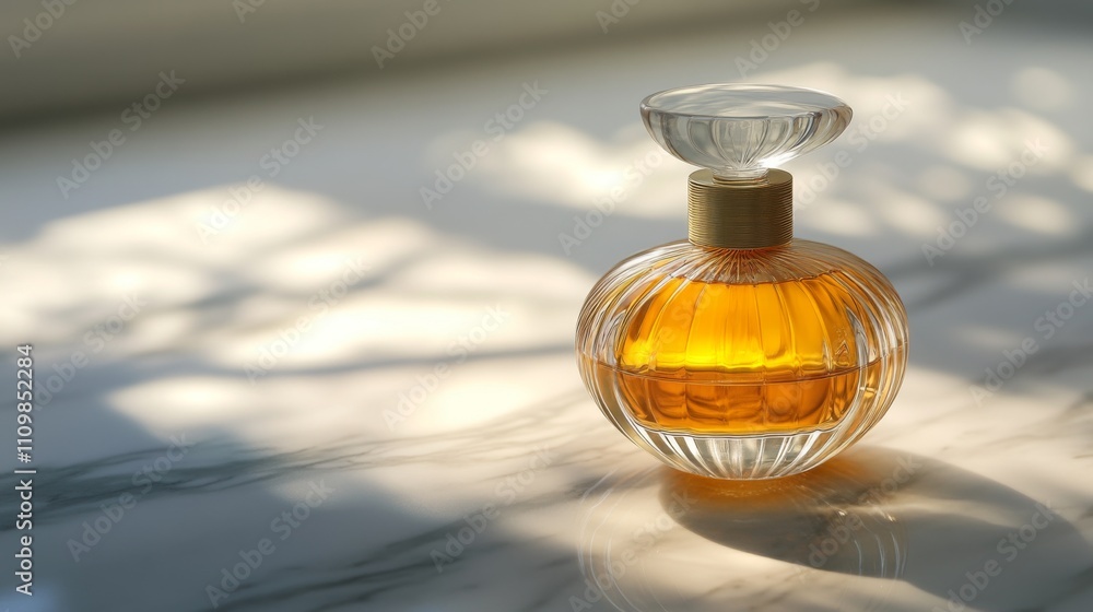 Poster elegant amber perfume bottle with soft light and shadow play