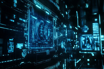 Blue digital binary data on a computer screen, creating a futuristic, high-tech atmosphere with flowing numbers and abstract patterns