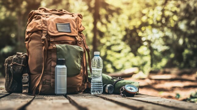 Hiking Gear Display with Backpack, Water Bottle, and Compass in Nature