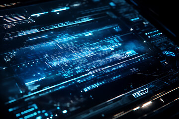 Blue digital binary data on a computer screen, creating a futuristic, high-tech atmosphere with flowing numbers and abstract patterns