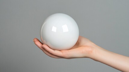White sphere in a hand against gray background.