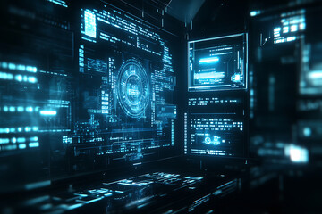 Blue digital binary data on a computer screen, creating a futuristic, high-tech atmosphere with flowing numbers and abstract patterns