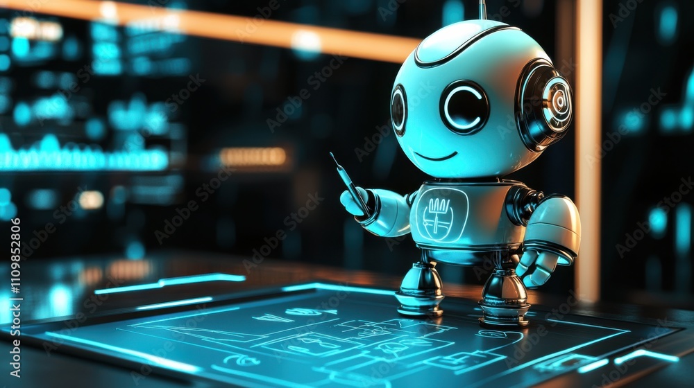 Poster cute robot with digital interface in futuristic technology setting