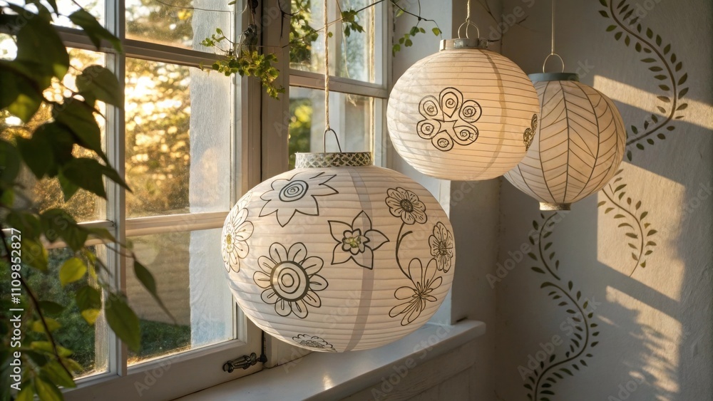 Poster delicate paper lantern shapes hang in the window their edges crisp and intricate. the lanterns are f