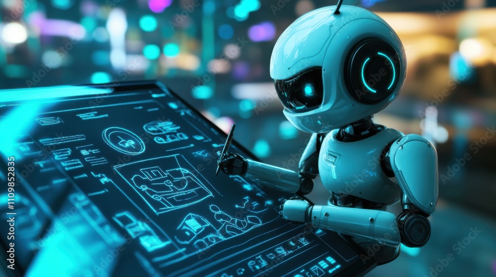 Poster futuristic robot designing digital graphics on a high-tech screen