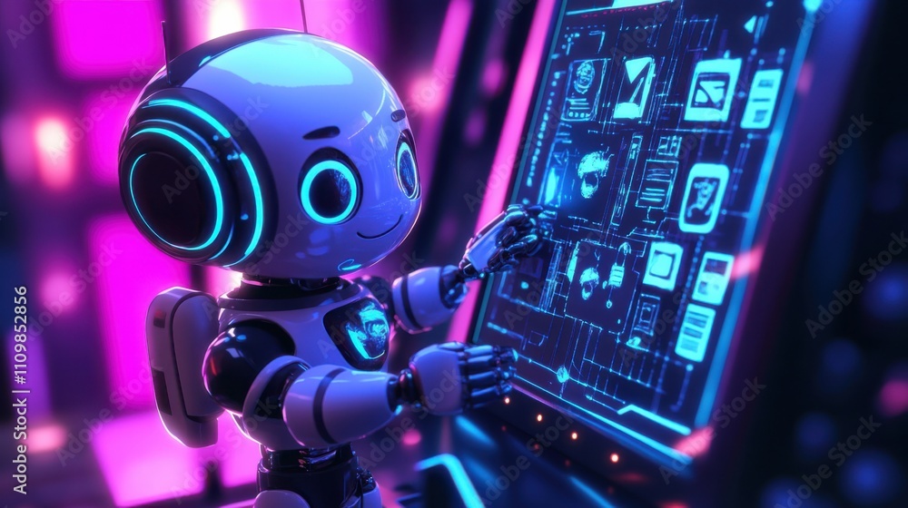 Poster cute futuristic robot interacting with high-tech screen display
