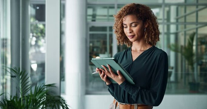 Thinking, tablet and research with business woman in office for report, planning and bookkeeping record. Budget proposal, accountant and idea with person in corporate firm for online, email and admin