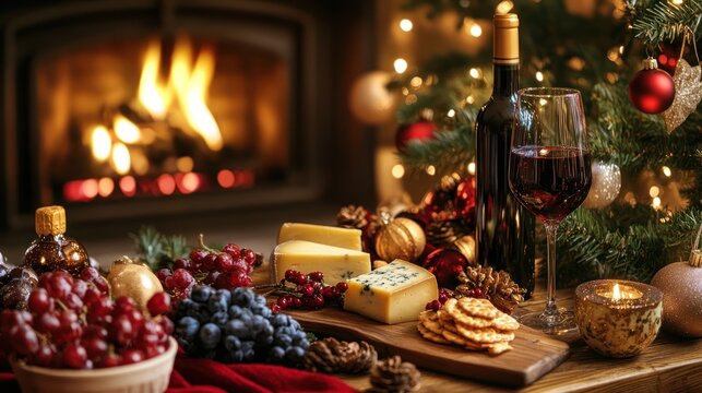Festive cheese and wine display by a cozy fireplace.