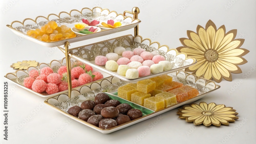 Poster elegant display the trays edges are adorned with an intricate floral pattern made of edible sugared 
