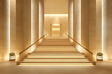 Fototapeta premium Elegant staircase illuminated with soft lighting, leading to an open doorway.