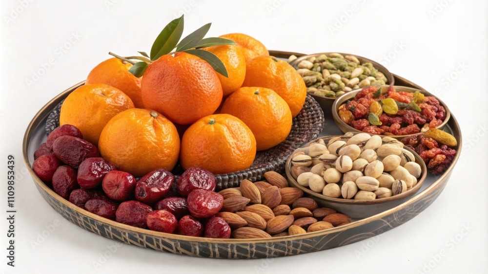 Poster fruit and nut platter a decorative platter overflowing with an assortment of gleaming fruits and nut