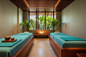 Artistic Frame in Soothing Spa Area with Handcrafted Wooden Fixtures and Relaxed Wellness Ambiance