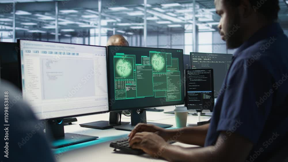 Poster cybersecurity division workers in server room protecting equipment from hacker stealing data. data c
