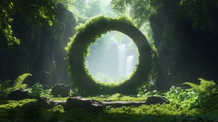 Mystical stone circle portal in lush green jungle with waterfall.