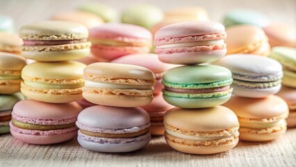 Fototapeta premium A delightful assortment of pastel-colored macarons stacked in a pyramid, showcasing their delicate shells and creamy fillings.