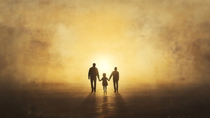 Fototapeta premium Silhouetted family of three holding hands, walking towards a bright light in a hazy, golden sunset.