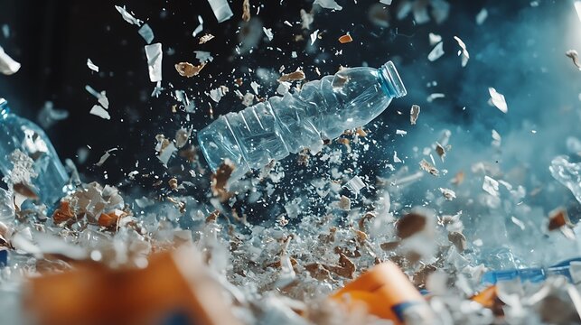 Exploding plastic bottle amidst shattered debris.