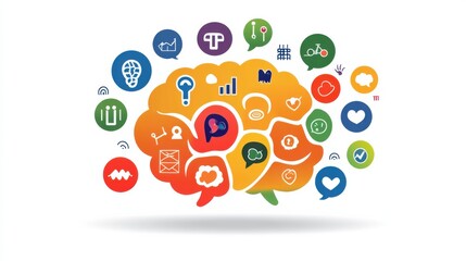 Colorful Illustration of Brain with Creative Concept Icons and Symbols