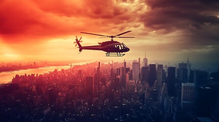 Naklejka premium Helicopter flying over dramatic sunset cityscape.