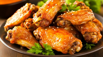 Crispy Chicken Wings on a Plate with Garnish and Sauce Background