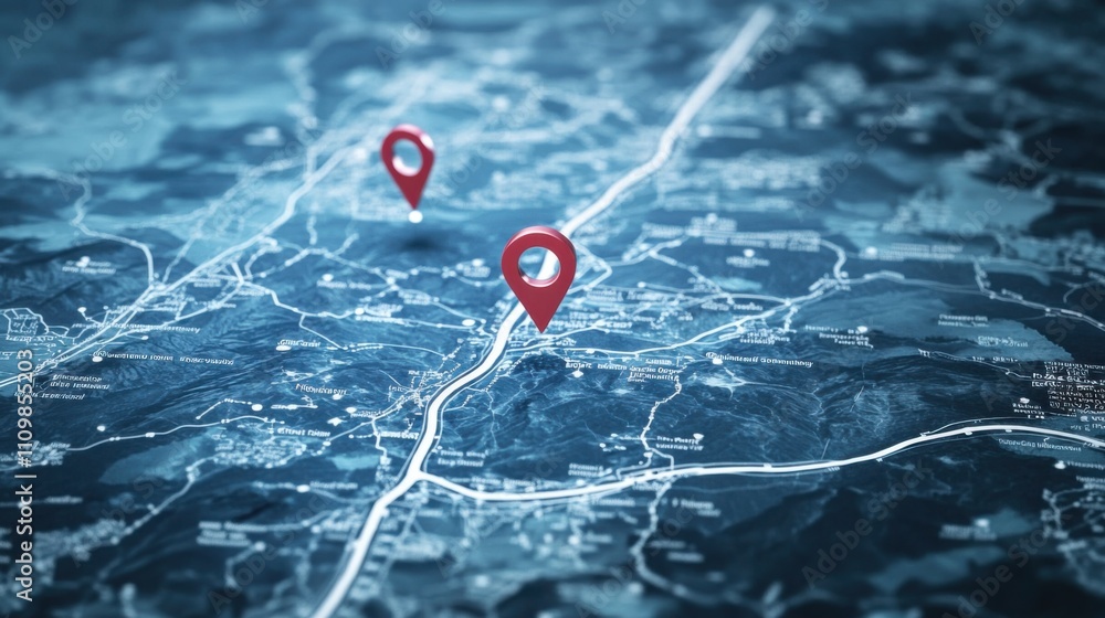 Poster detailed map visualization with location pins on digital background