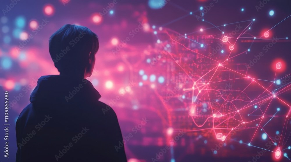 Poster person standing in front of digital projection of data visualization