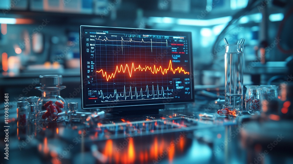 Poster lab monitor displaying vital signs data; beakers and equipment.