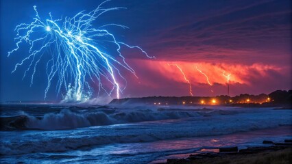 Electric Blue Waves Electric blue fireworks surge through the night throwing vibrant waves of light into the sky. Their cool tones contrast against the warming glow of nearby reds