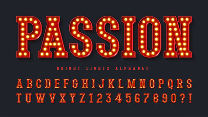 Retro cinema alphabet design, cabaret, warm lamps letters and numbers. © Aleksandr