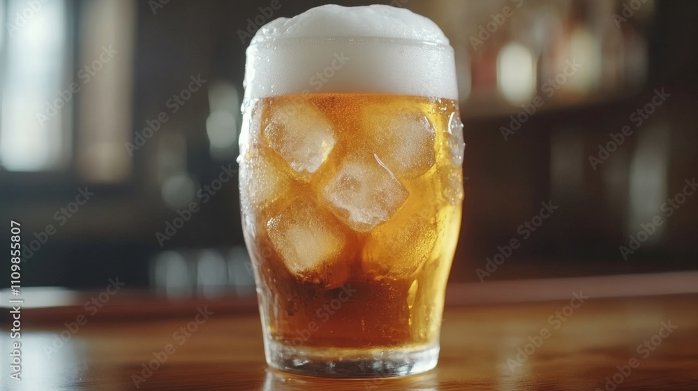 Poster Refreshing Beer with Ice in a Glass on a Wooden Table Surface