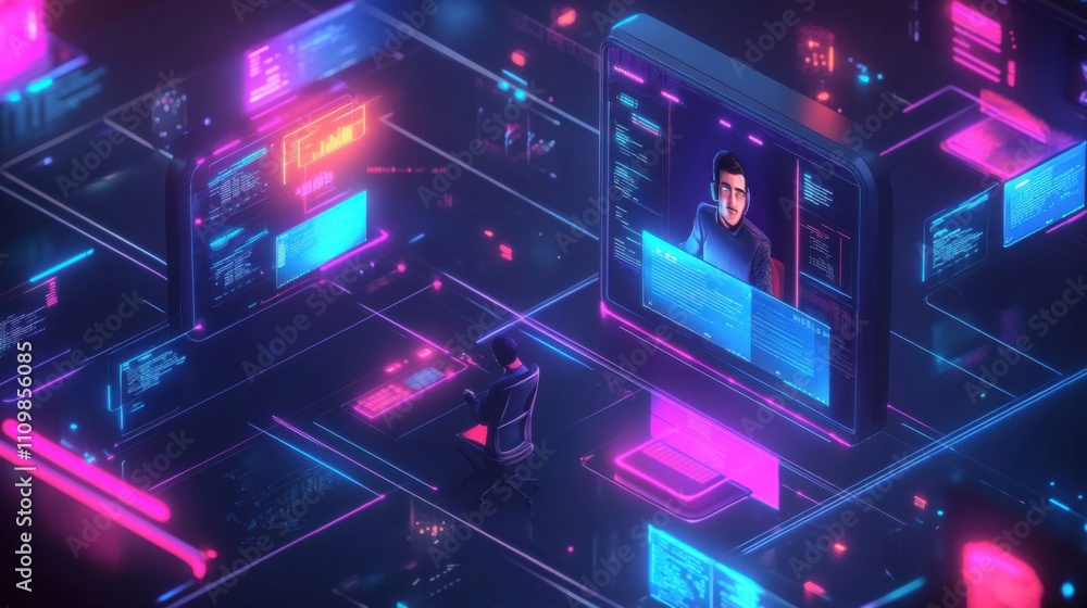 Poster futuristic digital workspace with virtual communication and coding