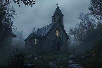 Fototapeta premium A mysterious, dimly lit church in a foggy landscape, evoking a sense of solitude.