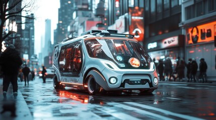 Futuristic Autonomous Vehicle in Neon Cityscape at Night