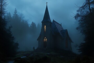Fototapeta premium A mysterious, fog-shrouded church stands in a dark forest, illuminated by eerie light.
