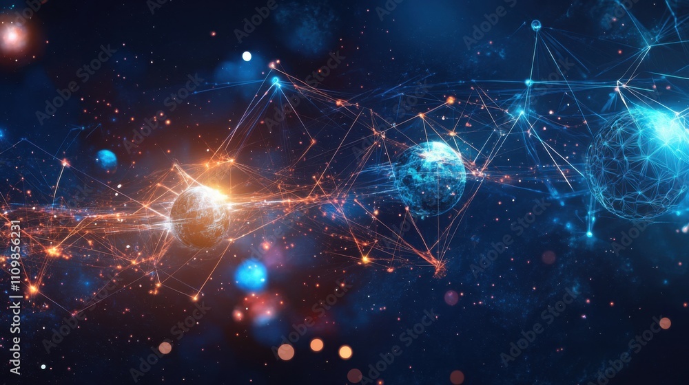 Poster cosmic connection of spheres and starry elements in dark space
