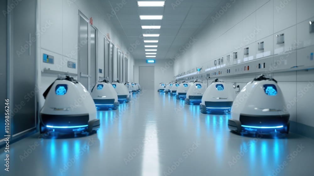 Poster futuristic robots in high-tech laboratory corridor with led lights