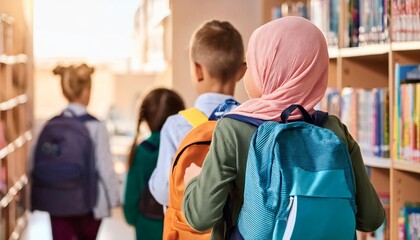 Back View of Hijab Young Girl with Friends Using a Backpack Going to Library. Back to School Consept.