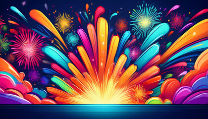 Bold fireworks header with vibrant neon explosions providing dynamic visual appeal for festive celebrations or announcements