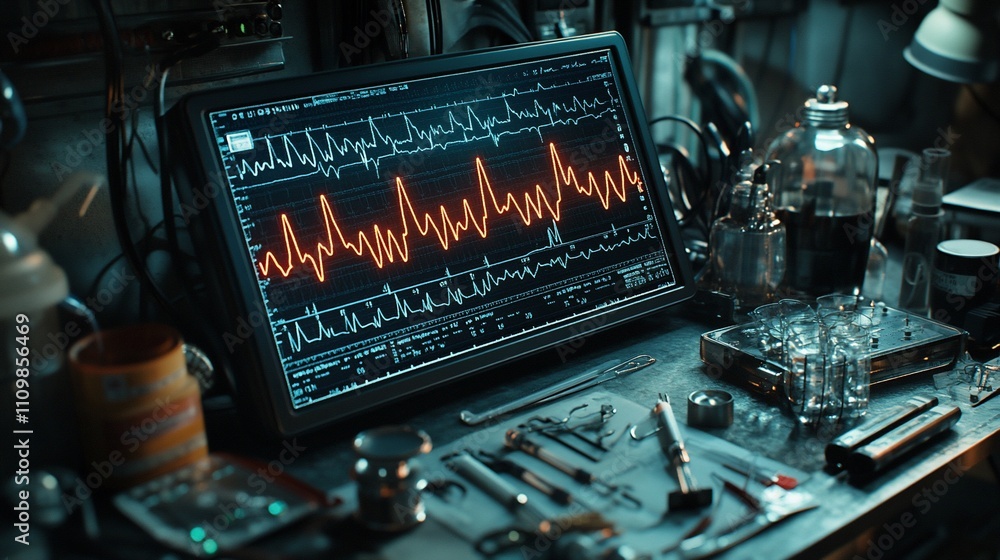 Aufkleber a computer screen displays a heart rate monitor graph in a dimly lit laboratory setting. surrounding