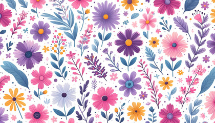 Playful floral pattern with purple, pink, and yellow flowers on a white background, perfect for spring-themed or nature-inspired designs.