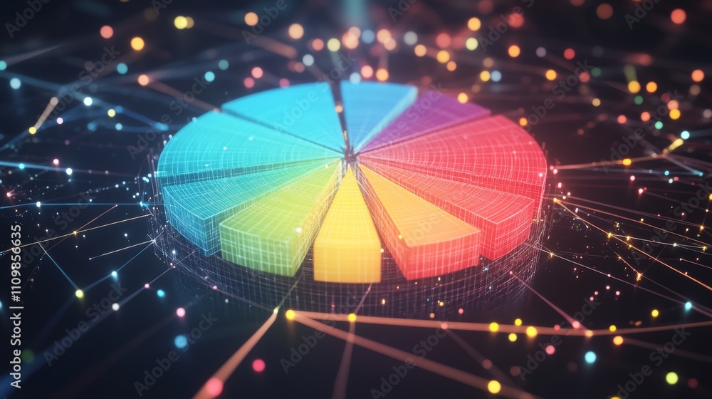 Poster colorful 3d pie chart on digital background with connecting dots