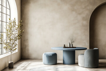The minimalist, japandi style interior design features a modern living room with a blue dining table and ottoman chair, complemented by a beige stucco arched wall.