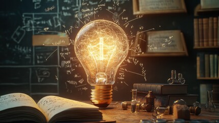 Illuminated Light Bulb with Scientific Illustrations and Books