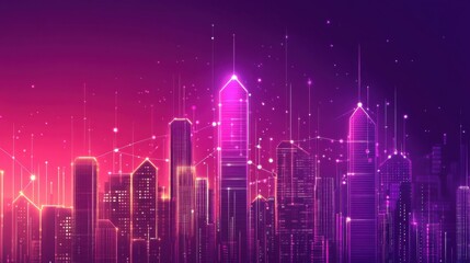 Fototapeta premium Vibrant Futuristic Cityscape at Dusk with Digital Light Effects