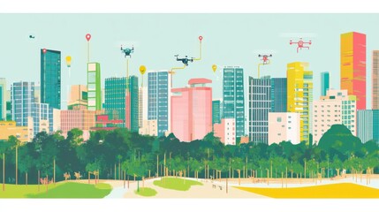 Urban Landscape with Drones and Skyscrapers in Vibrant Colors